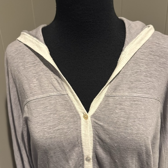 Eileen Fisher 100% linen gray w/white rib trim button front hoodie sweater Small - Picture 2 of 6